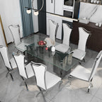 Asday Dining Chairs Set of 6, White Faux Leather and Silver Streamlined High Back Dining Room Chairs with Curved and X Stainless Steel Legs