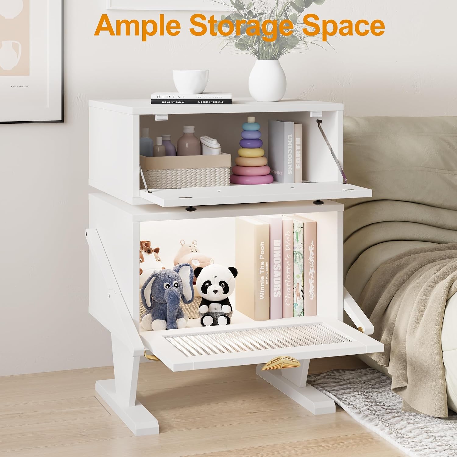 RoyalCraft Large Nightstand with LED Lights, White Robot Nightstand | End Table with 360°Rotating Drawer, Modern Bedside Table with Storage, Wood Night Stand for Bedroom, Home Office, White