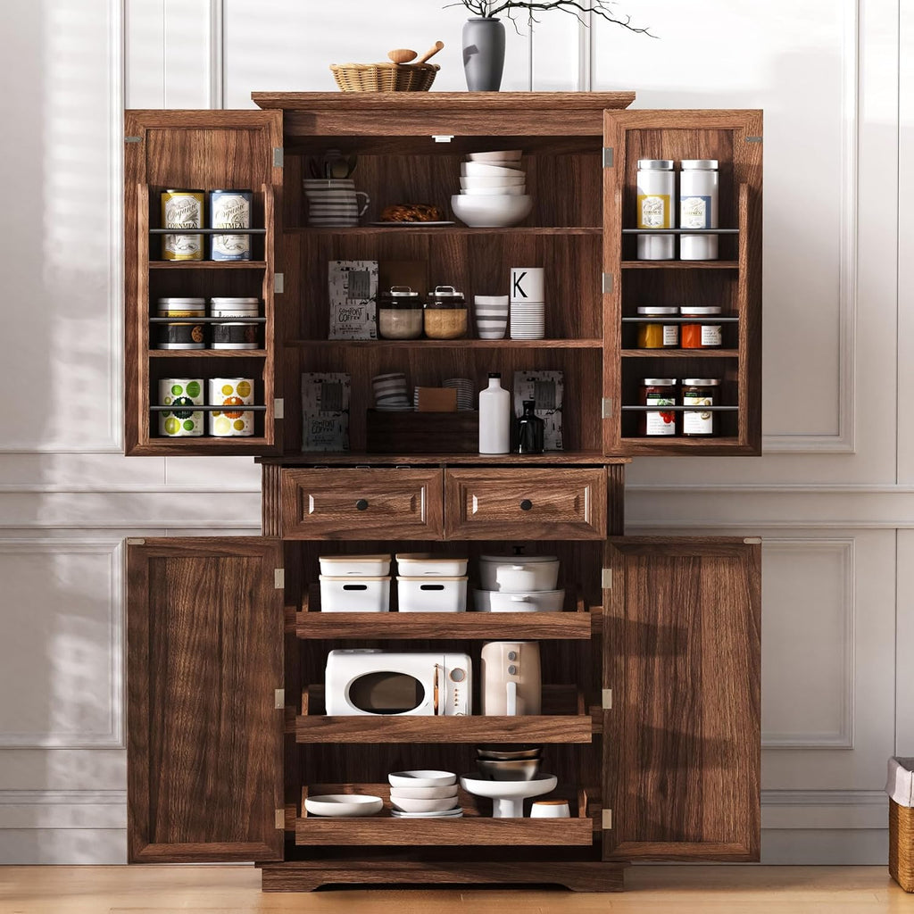Merax 71" Tall Kitchen Pantry, Farmhouse Storage Cabinet with 6 Door Shelves, 2 Drawers and 3 Adjustable Shelves, Freestanding Rustic Wood Cupboard for Kitchen, Dining Room, Brown