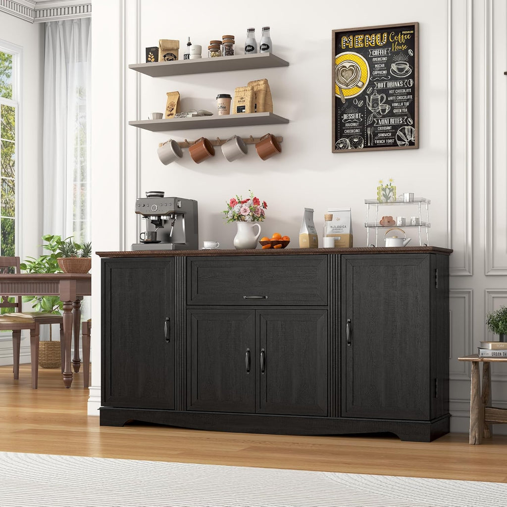 65" Sideboard Buffet Cabinet with Storage, Farmhouse Kitchen Pantries Sideboard Cabinets with Drawer, Wood Coffee Bar Cabinet with Adjustable Shelves, Storage Cabinets for Kitchen, Black