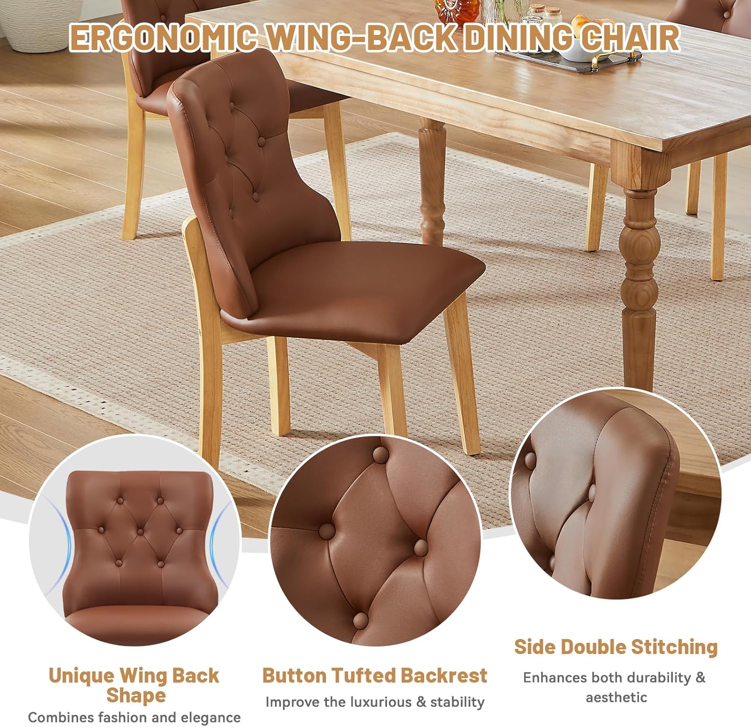 Faux Leather Dining Chairs Set of 4, Upholstered Dining Room Chair with Button Tufted, Solid Wood Legs, Mid Century Modern, Luxury Wingback Side Chair for Living Room, Kitchen, Restaurant, Brown