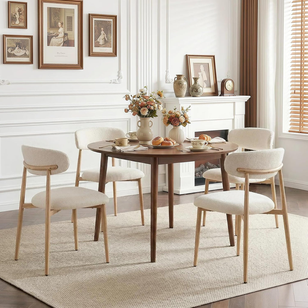 Furniliving Mid Century Modern Dining Chairs Set of 4, 300 lbs Capacity Upholstered Linen Kitchen Chairs with Natural Wood Grain Metal Legs and Ergonomic Curved Back, Beige