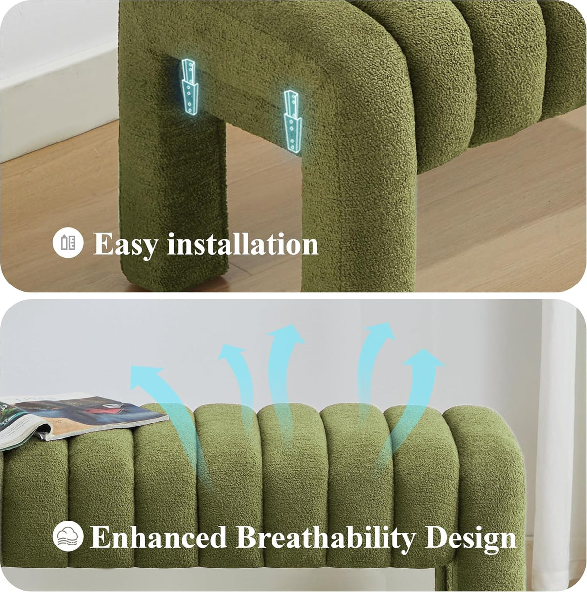43’’ Bedroom Bench, Upholstered End of Bed Bench with Solid Wood Legs, Modern Small Dining Bench with Full Covered Fabrics for Entryway, Bedroom, Living Room (Green, Boucle)