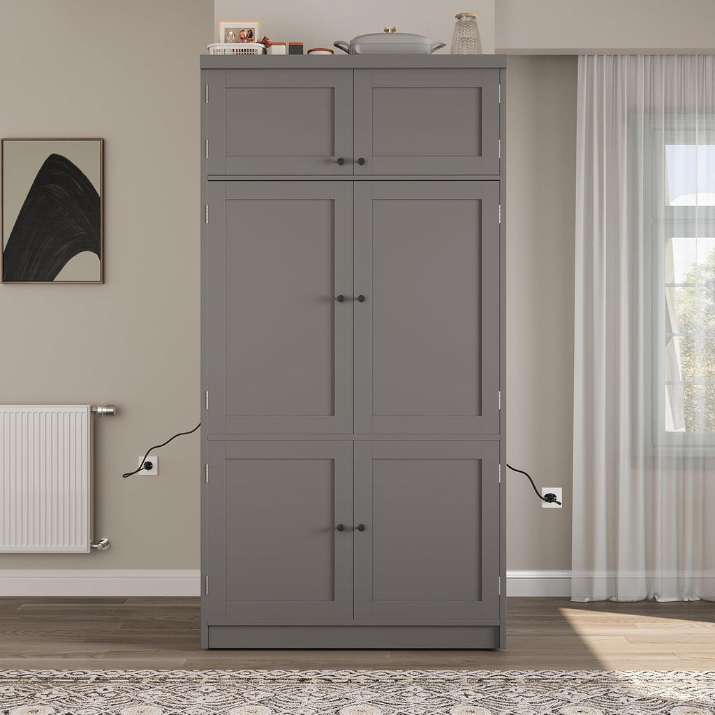 Kitchen Pantry Cabinet, Freestanding Tall Cupboard Storage Cabinet with Power Outlets, Adjustable Shelves and Door Shelves for Living Room, Kitchen (Grey)