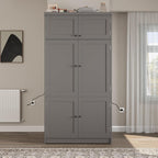 Kitchen Pantry Cabinet, Freestanding Tall Cupboard Storage Cabinet with Power Outlets, Adjustable Shelves and Door Shelves for Living Room, Kitchen (Grey)