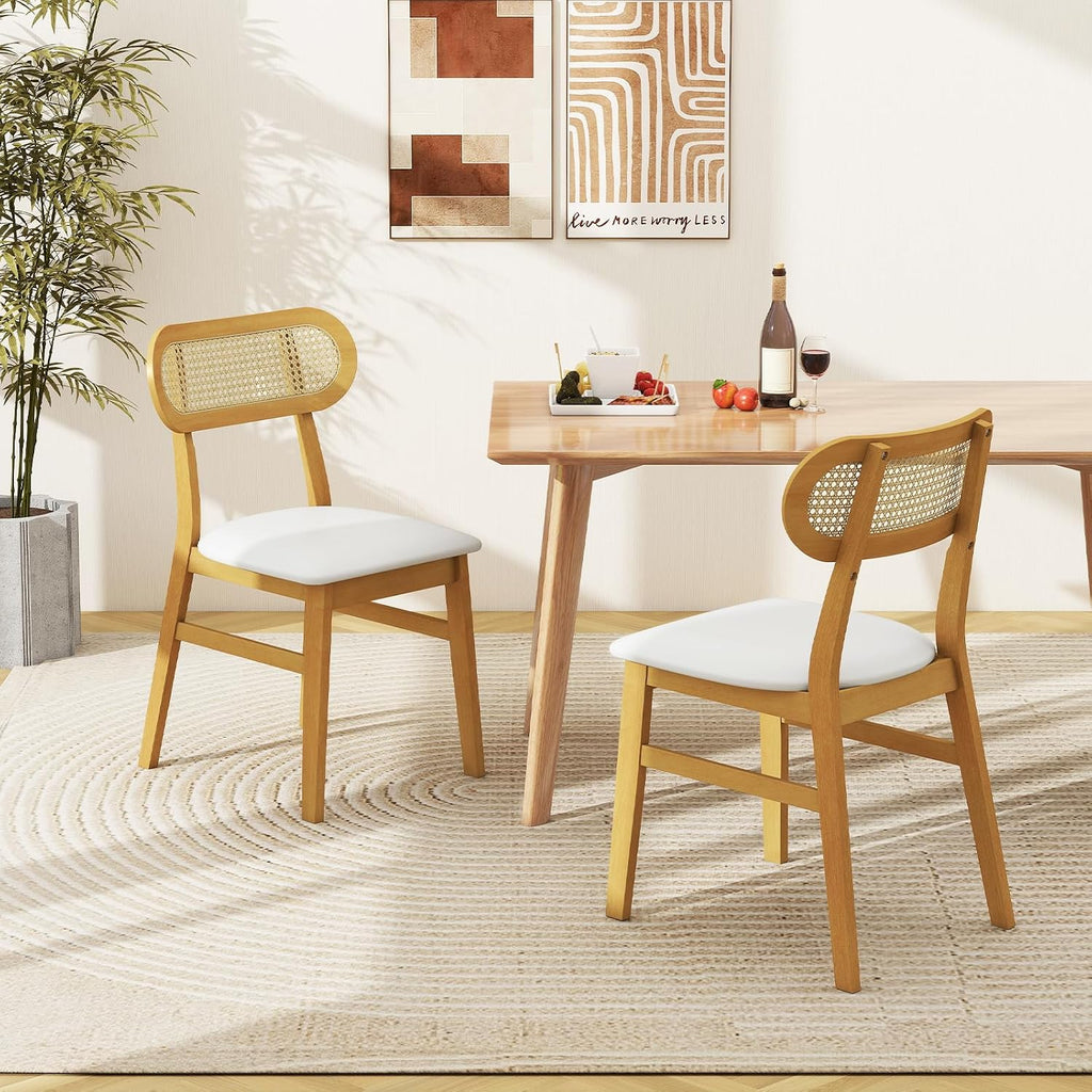 GOFLAME Wooden Dining Chairs Set of 4, Mid-Century Modern Kitchen Chairs with Upholstered Seat & Rattan Backrest, Faux Leather Cover, Armless Side Chairs for Dining Room, Restaurant, White