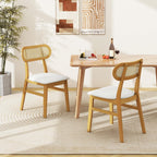 GOFLAME Wooden Dining Chairs Set of 4, Mid-Century Modern Kitchen Chairs with Upholstered Seat & Rattan Backrest, Faux Leather Cover, Armless Side Chairs for Dining Room, Restaurant, White