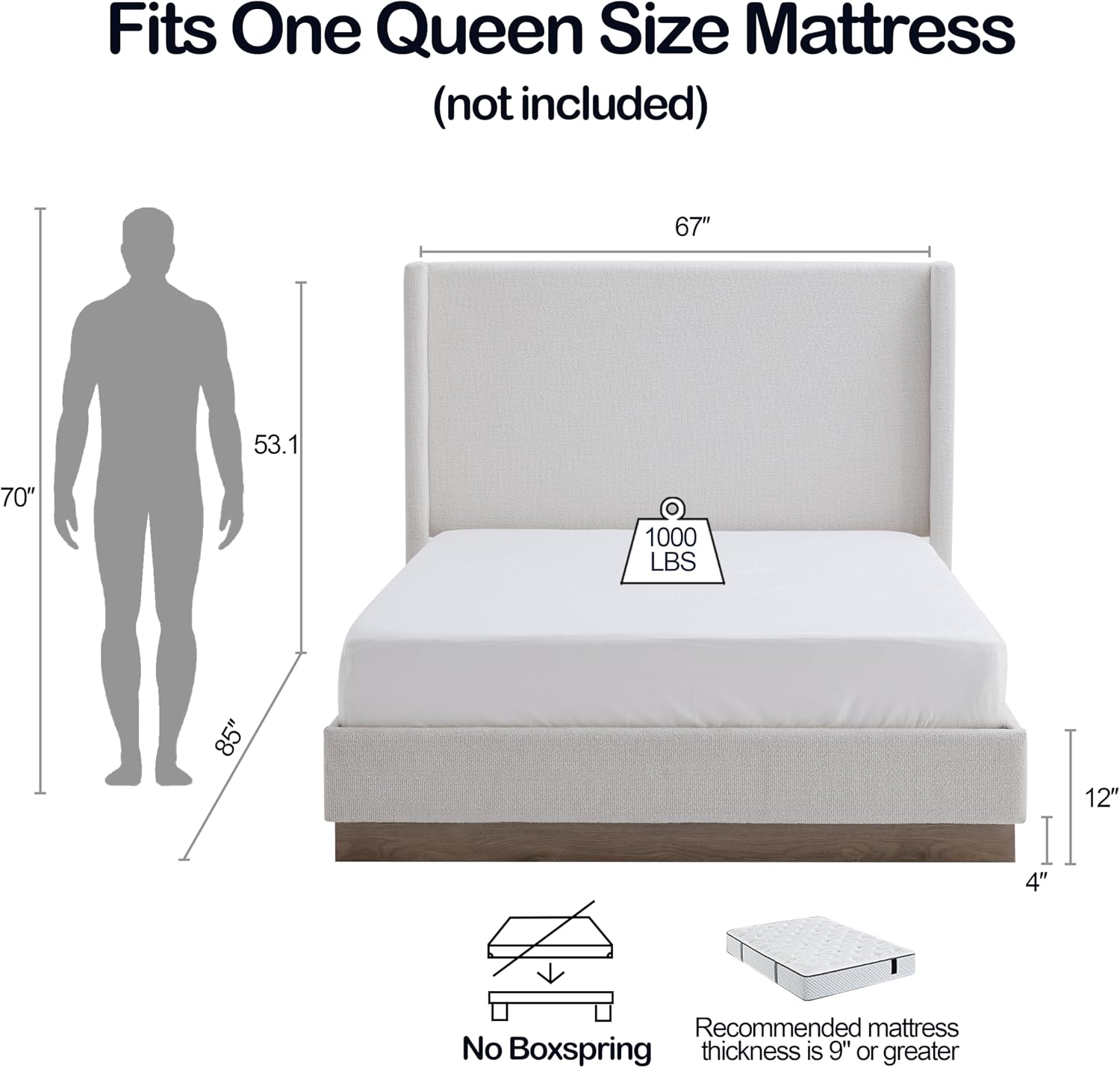 53" Majestic Wingback Bed Frame Queen - Premium Cream White Boucle Upholstered Platform Bed with Gray Oak Wood Base, 1000lbs Heavy Duty, No Box Spring Required（Queen U.S. Standard