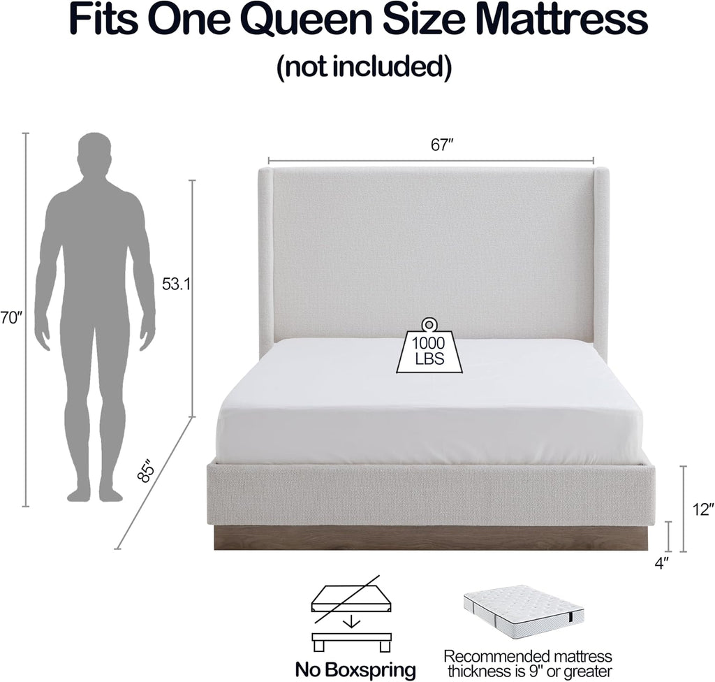 53.1" Extra-Tall Wingback Bed Frame - Luxury Cream White Boucle Upholstered Platform Bed with Gray Oak Wood Base, Heavy Duty 1000lbs, No Box Spring Needed, Noise-Free (Queen)
