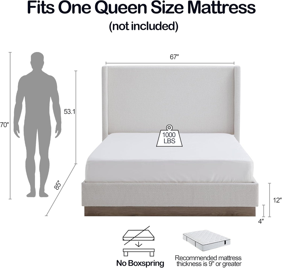 53.1" Extra-Tall Wingback Bed Frame - Luxury Cream White Boucle Upholstered Platform Bed with Gray Oak Wood Base, Heavy Duty 1000lbs, No Box Spring Needed, Noise-Free (Queen)