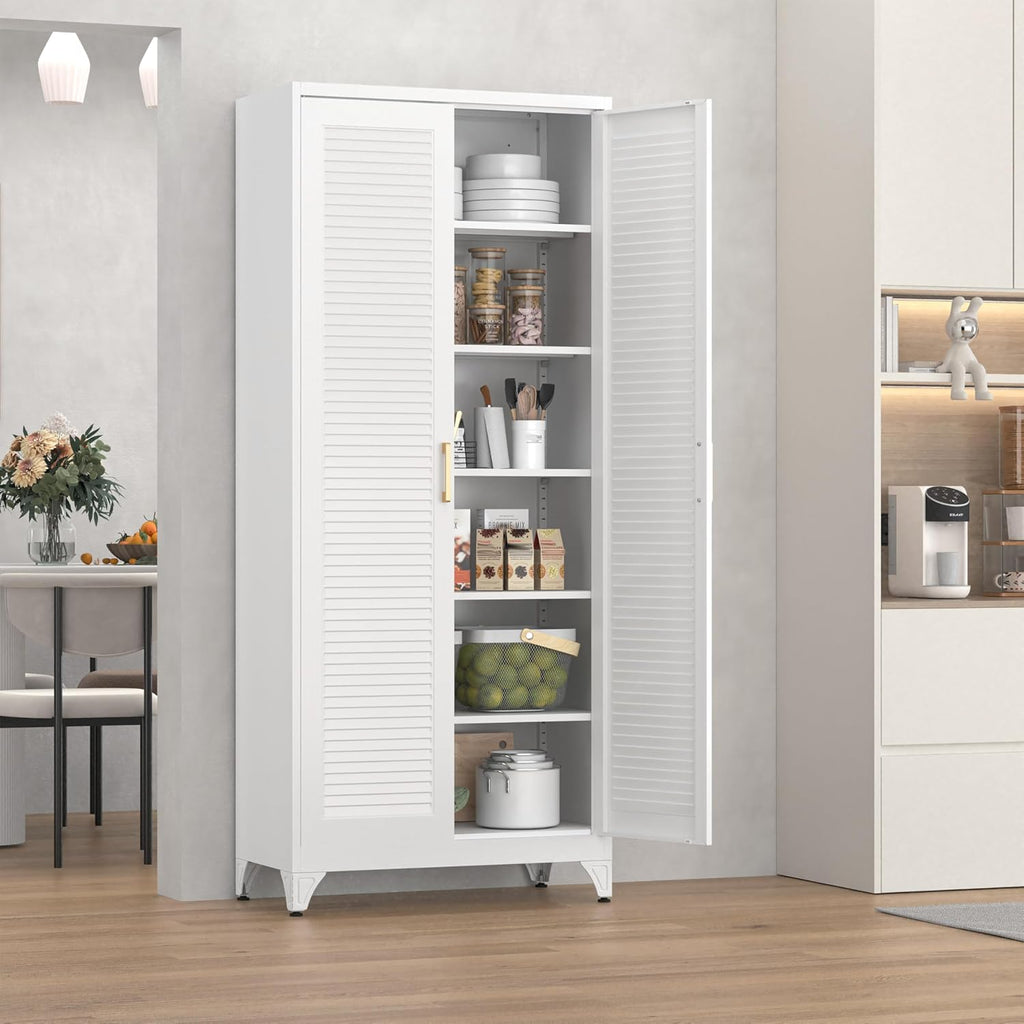 Kitchen Pantry Cabinet, 75" Tall White Metal Storage Cabinet with Doors and Shelves, Kitchen Cabinet for Kitchen, Dining Room, Living Room, Bathroom, Garage and Office