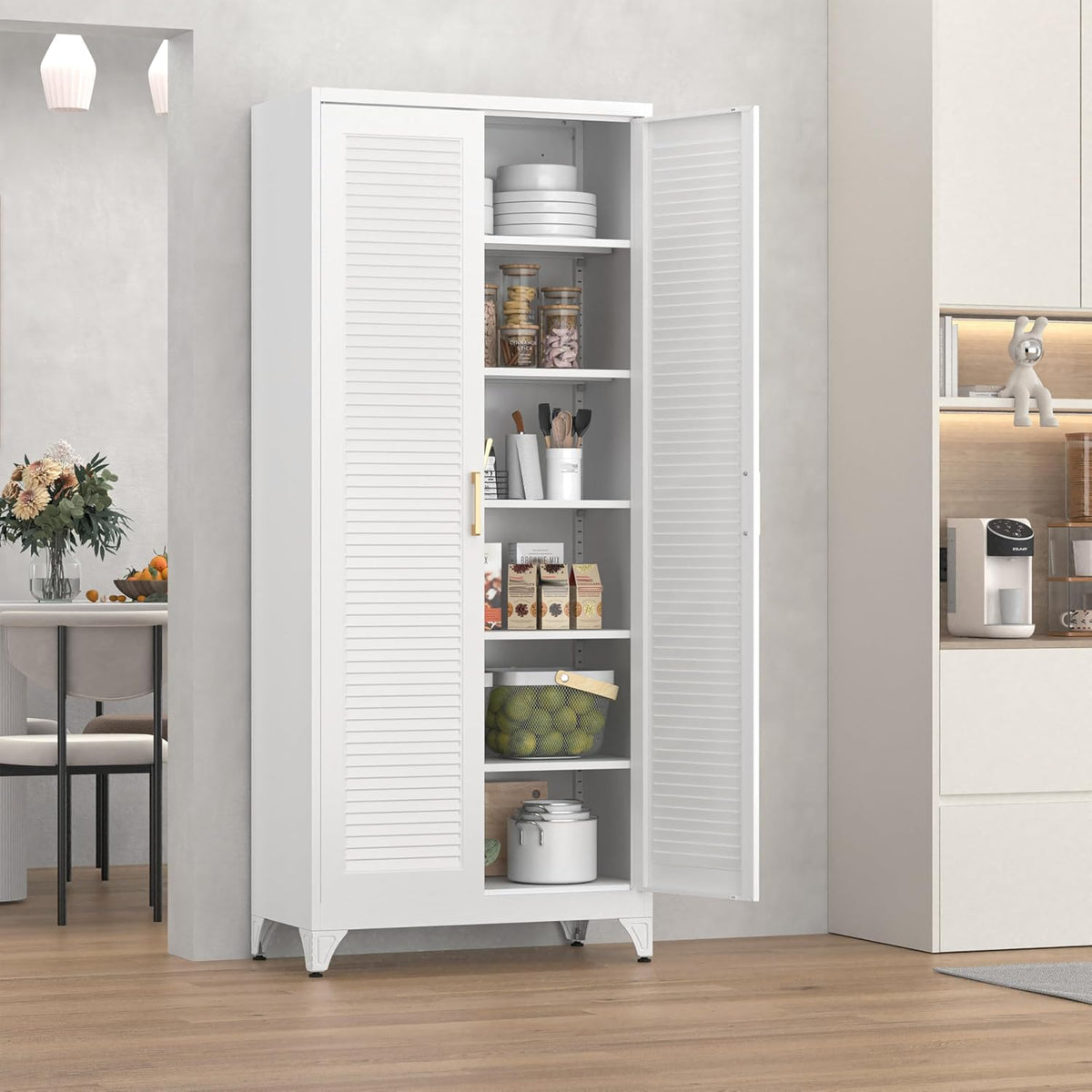 Kitchen Pantry Cabinet, 75" Tall White Metal Storage Cabinet with Doors and Shelves, Kitchen Cabinet for Kitchen, Dining Room, Living Room, Bathroom, Garage and Office