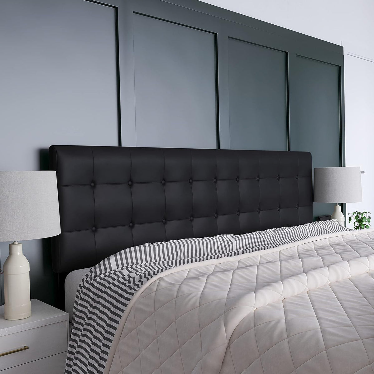 EMMA + OLIVER Black King Button Tufted Headboard