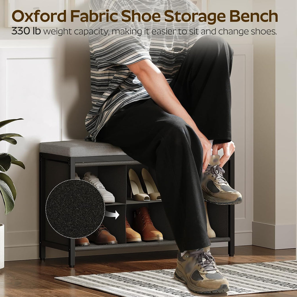 YATINEY Shoe Storage Bench with Cushion, Entryway Bench, Shoe Rack with Padded Seat and 6 Oxford Compartments, for Closet, Bedroom, Entryway, Black and Gray HX01BK