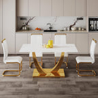 White and Gold Dining Table Set for 4, Faux Marble Dining Room Table Set for 4,63'' Rectangular Tempered Glass Top Kitchen Table Set and 4 Chairs for Dining Room Kitchen