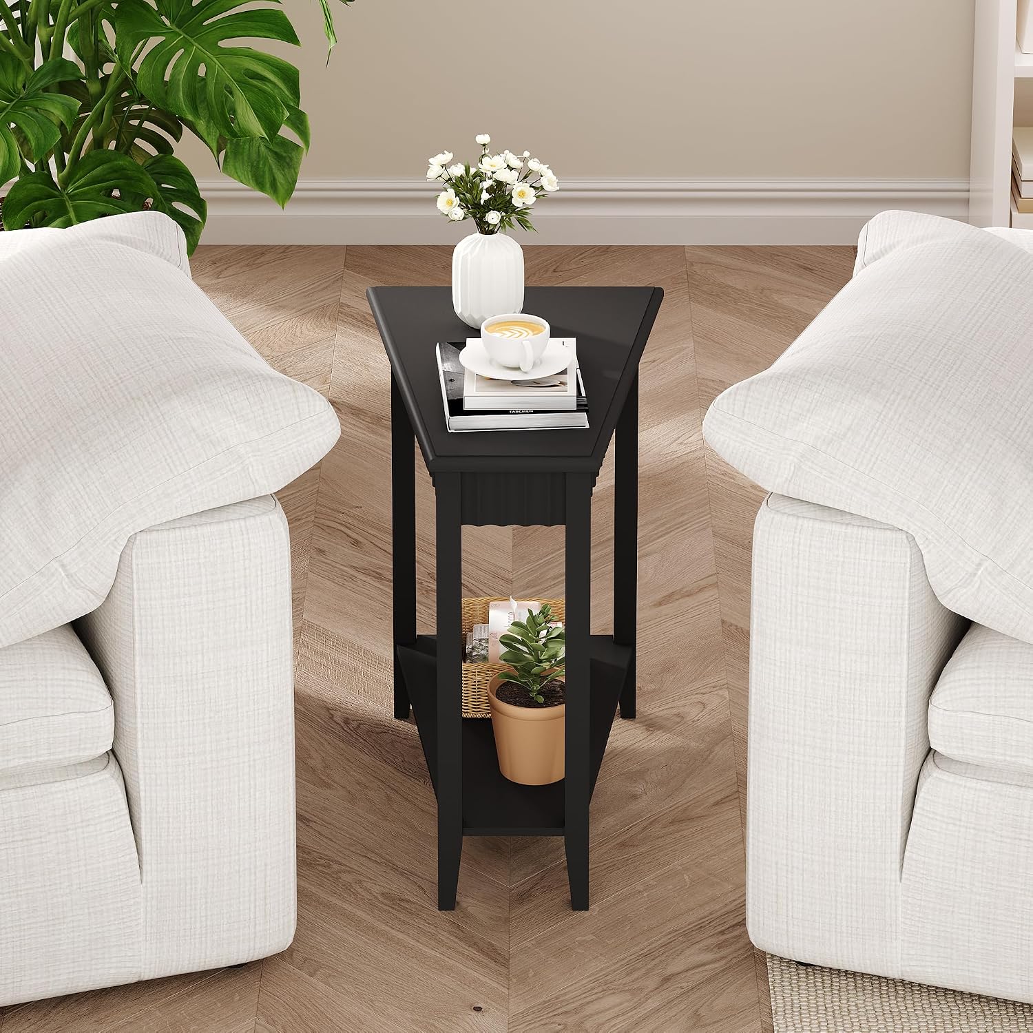 ChooChoo Wedge End Table, Narrow Triangle Side Table with 2-Tier Storage Shelf, Fluted Recliner Side Table for Corner, Living Room, Bedroom, Small Space, Black