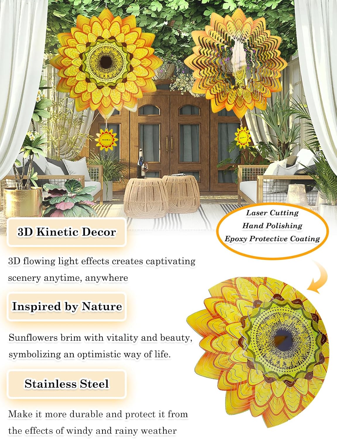 Sunflower Wind Spinner-3D Metal Hanging Wind Spinners, Perfect Ornament Gifts for Women/Men, 12 Inch Spinfinity Wind Spinner for Outdoor & Indoor Decorations, Yard Art, Garden Decoration