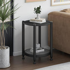 Farmhouse Round Nesting Coffee Table Set of 2, Solid Wood Round Coffee Table and End Table Set with Woven Rattan Storage Shelf, Black