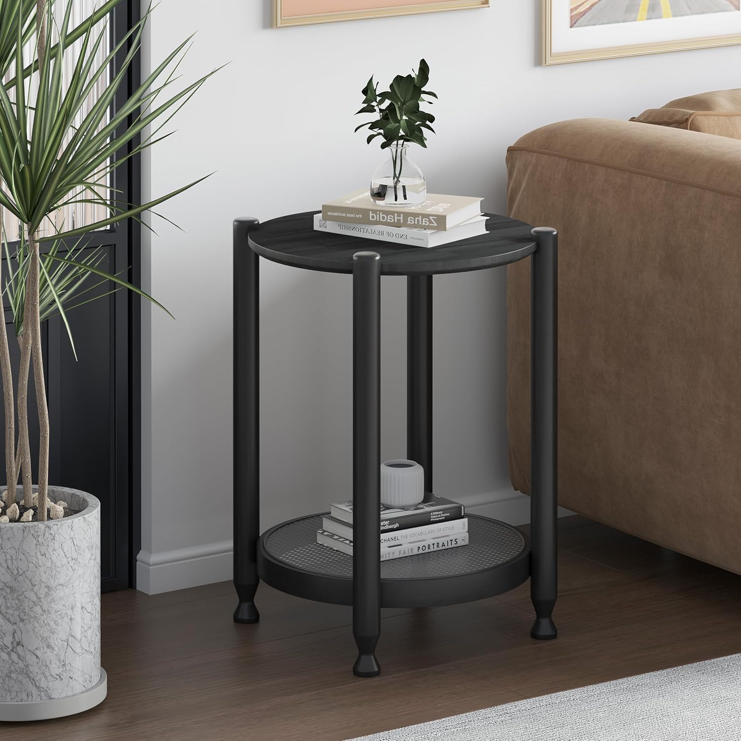 Farmhouse Round Nesting Coffee Table Set of 2, Solid Wood Round Coffee Table and End Table Set with Woven Rattan Storage Shelf, Black