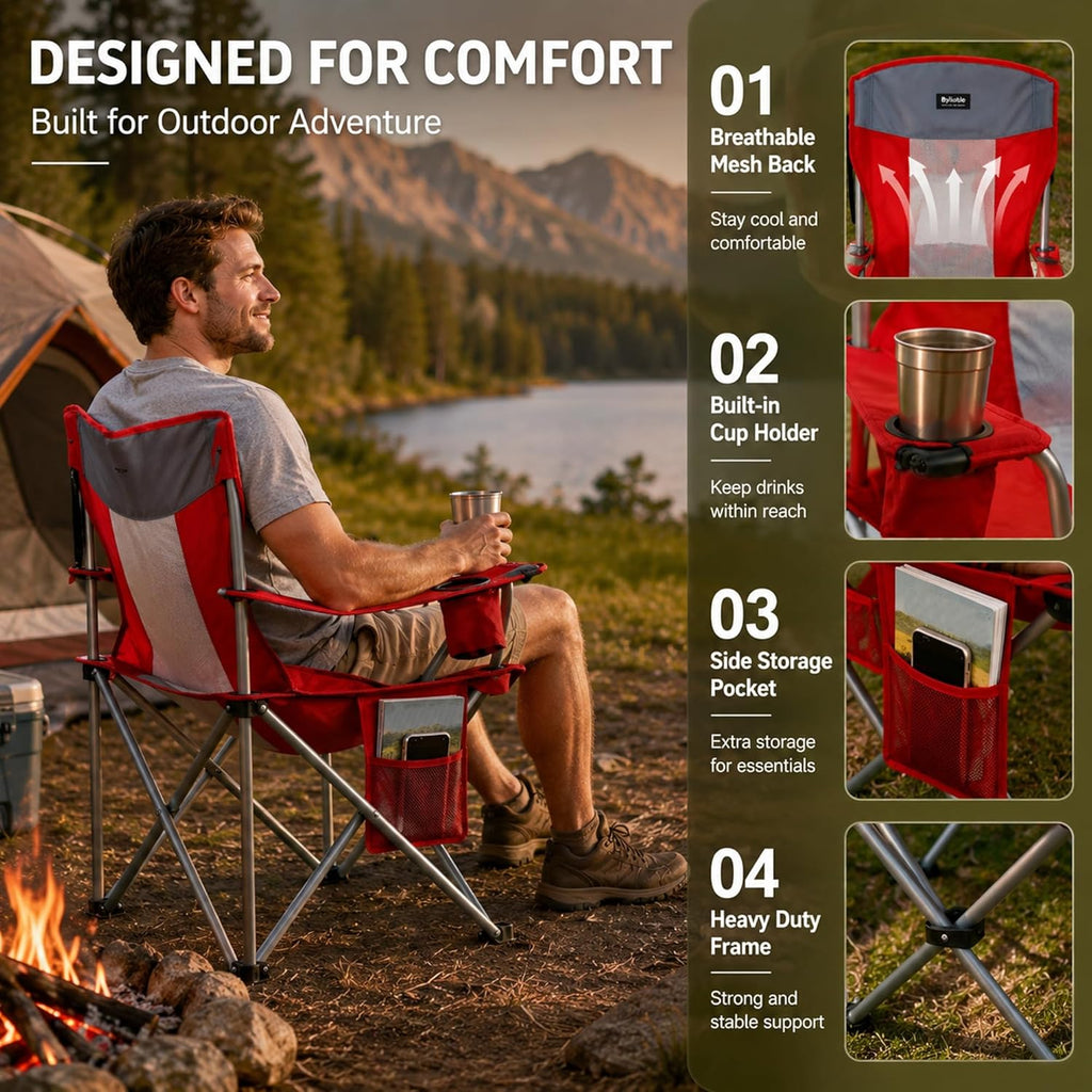Byliable Oversized Camping Chairs Portable Outdoor 330LBS Capacity Folding Lawn Chairs for Adults with Cooler Bag,Cup Holder and Side Pocket for Beach, Sports, Tailgates, Fishing, Hiking, Red