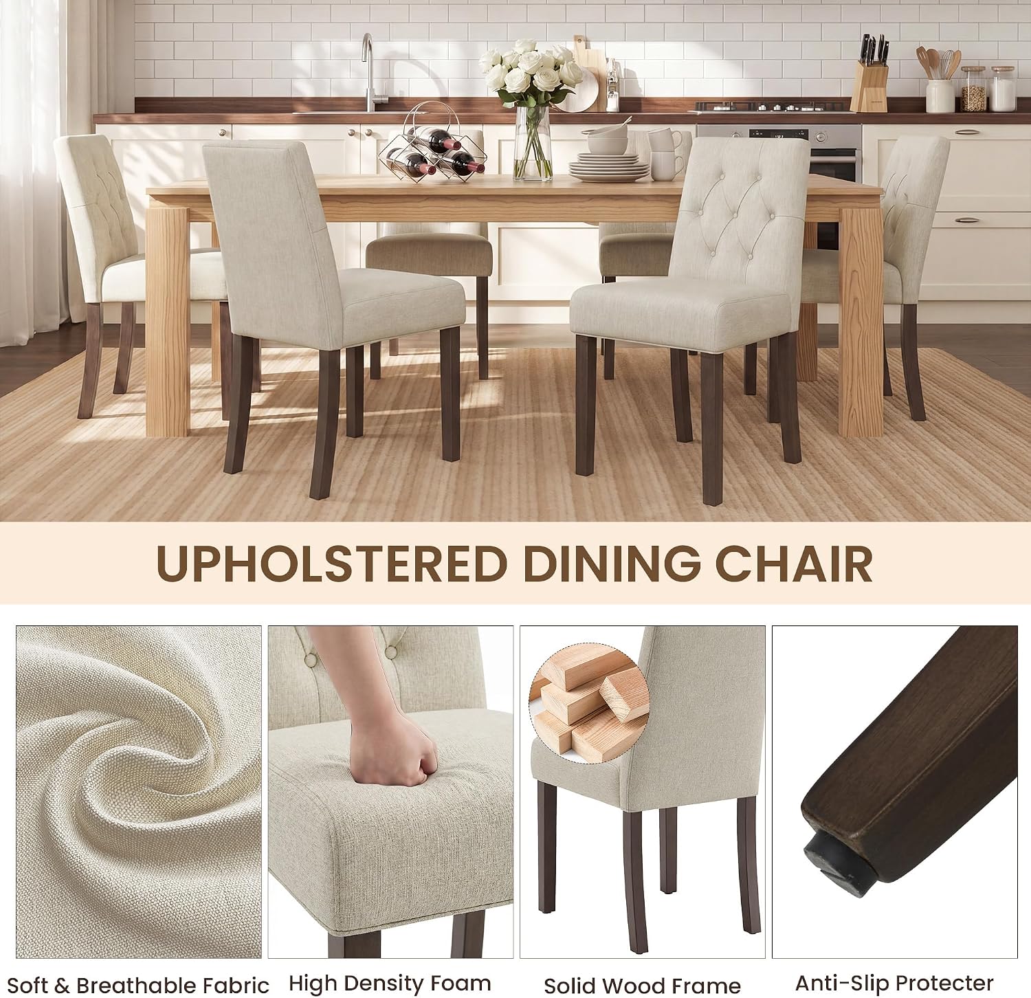 Dining Chairs Set of 2, Parsons Chairs for Small Spaces, Light Beige | Modern Dining Room Chairs with Solid Wooden Legs, Fabric Upholstered Kitchen Chairs for Restaurant & Cafe
