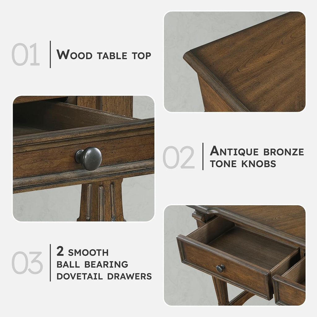 Lexicon Rectangle Wood Sofa Table with 2 Dovetail Drawers, Cherry Veneer Console Table with Antique Bronze Knobs & Sturdy Wood Construction for Elegant Living Room, Entryway, Easy Assembly, Brown