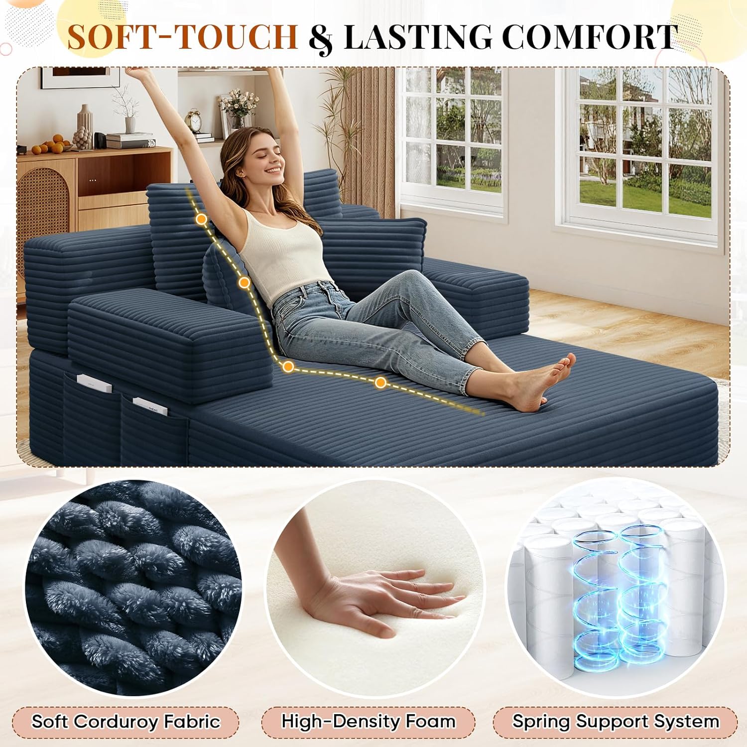 Chaise Lounge Chair Indoor, 60" Oversized Sleeper Couches W/Foldable Armrest Cloud Corduroy Upholstered Reading Chairs Floor Sofa Bed for Living Room No Assembly, Blue