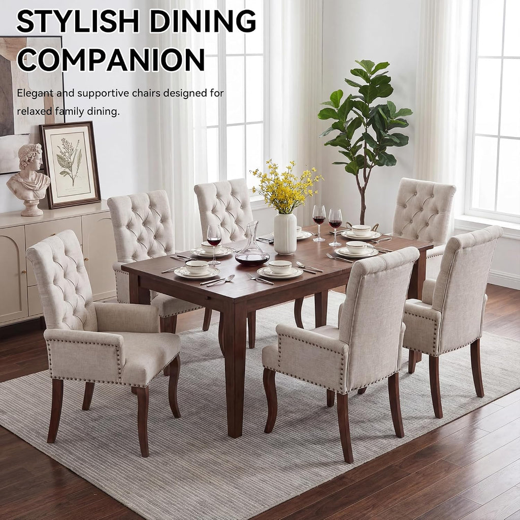 Farmhouse Upholstered Dining Chair Set of 2 with Arms & Nailhead Trim, Tufted Chenille Kitchen Chairs with Solid Wood Legs, Accent Chair for Dining Room, Living Room & Bedroom, Beige