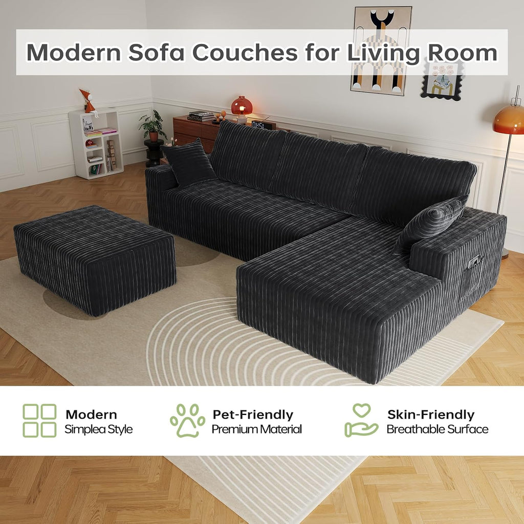 108" U-Shape Modular Sectional Cloud Couch with Ottoman, Deep Seat Couch with Oversized Chaise Lounge, Comfy Flannel Fabric Sofa for Living Room Bedroom Apartment Game Room Basement