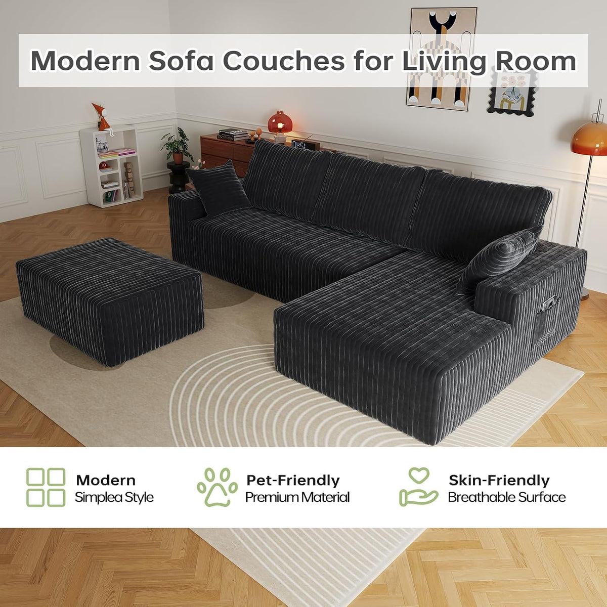 108" U-Shape Modular Sectional Cloud Couch with Ottoman, Deep Seat Couch with Oversized Chaise Lounge, Comfy Flannel Fabric Sofa for Living Room Bedroom Apartment Game Room Basement