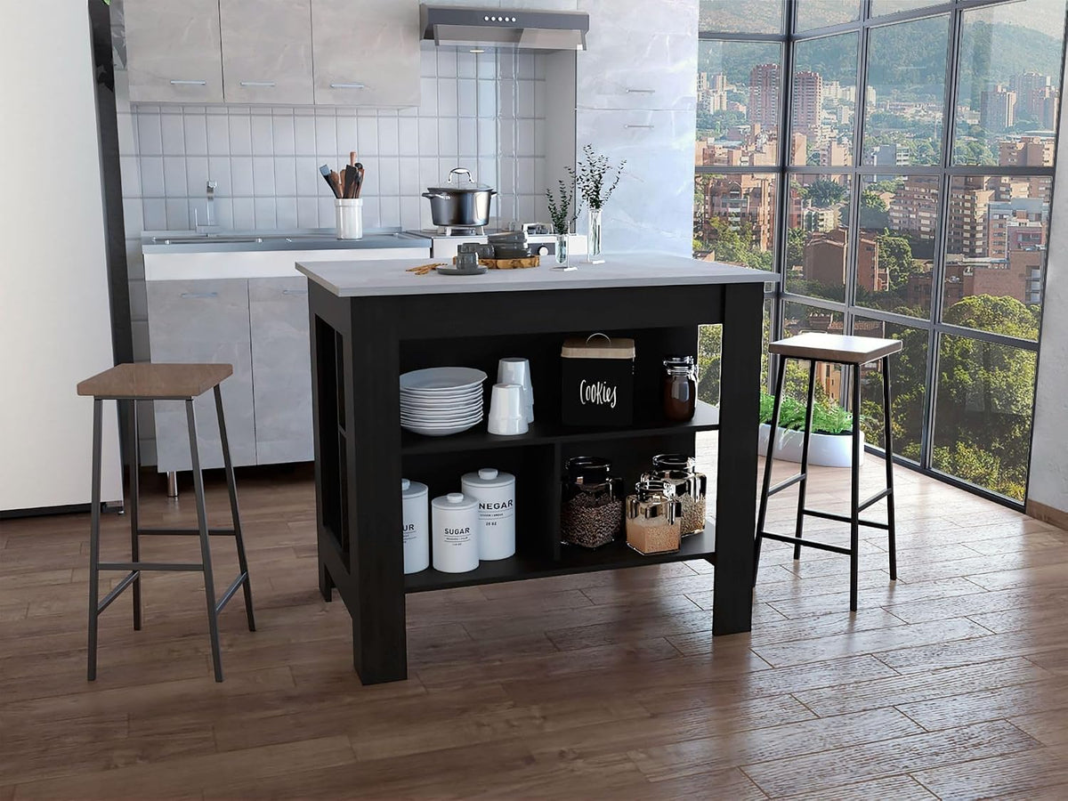 Kitchen Island with Three Storage Shelves and Marble Finish | Three open storage shelves and marble effect surface for organized kitchen storage