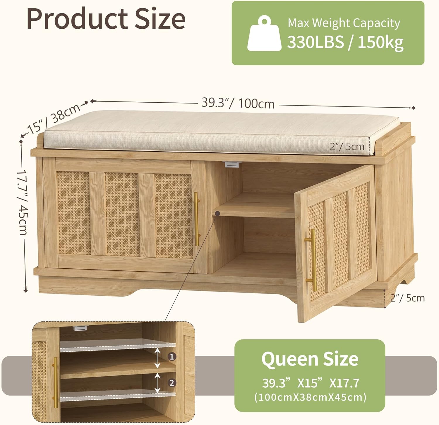 Heybly Shoe Cabinet with Bench, Rattan Entryway Storage Bench with Cushion, Shoe Storage Bench Cabinet with 2 Doors, Adjustable Shelves, Wooden Shoe Bench 39.4" for Living Room Bedroom Hallway HSB002N