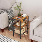HOOBRO Side Table with Charging Station and USB Port, Small End Table for Small Space, 3-Tier Nightstand with Adjustable Shelf, for Living Room, Bedroom, Rustic Brown BF112BZ01