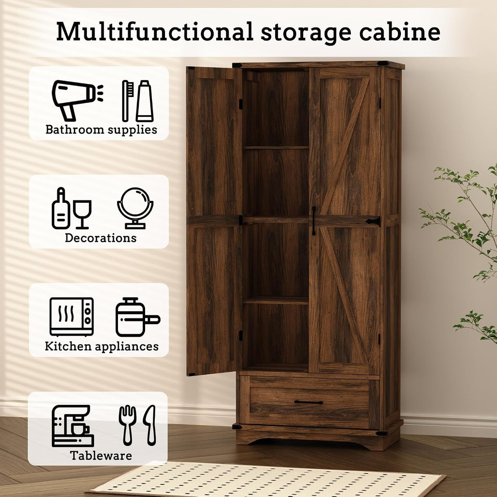 71" Farmhouse Kitchen Pantry Storage Cabinet with Drawer & 2 Barn Doors, Freestanding Cupboard with Adjustable Shelves, Modern Floor Cabinet for Kitchen, Dining Room, Living Room, Bathroom, Brown