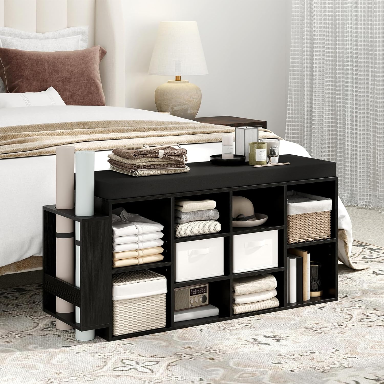 Giantex Shoe Storage Bench with Umbrella Stand, 10-Cubby Entryway Shoe Rack Organizer with Padded Seat, Adjustable & Removable Shelves for Hallway, Living Room & Bedroom (Black)