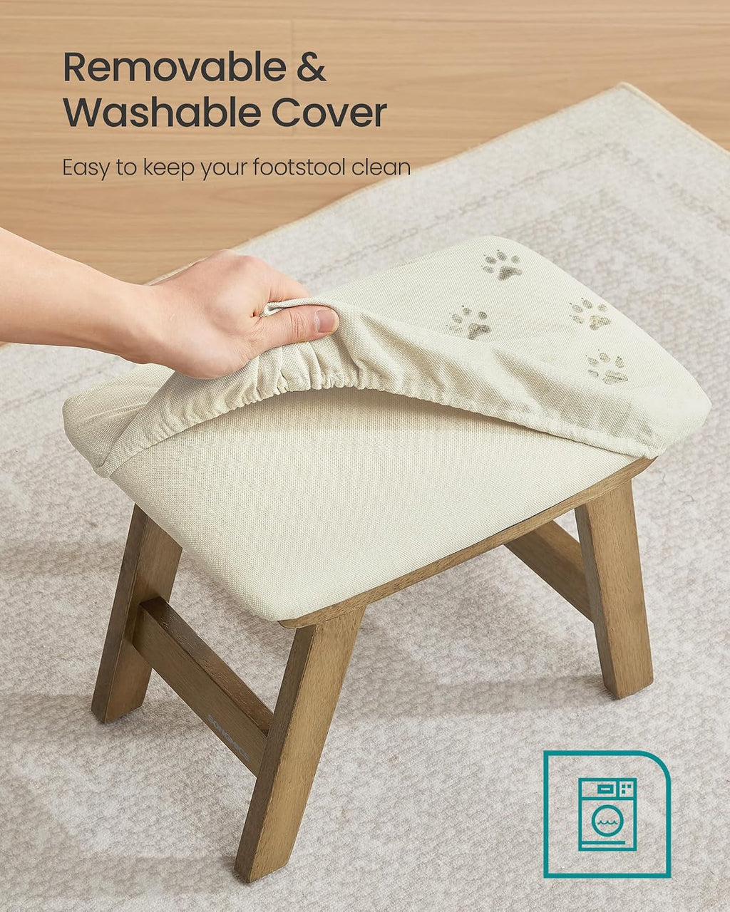 SONGMICS Foot Stool Ottoman, Padded Foot Rest Under Desk with Solid Wood Frame, Removable Cover, for Living Room, 9.8 x 15.4 x 11.8 Inches, Summer Sand and Brown ULSF052LF01