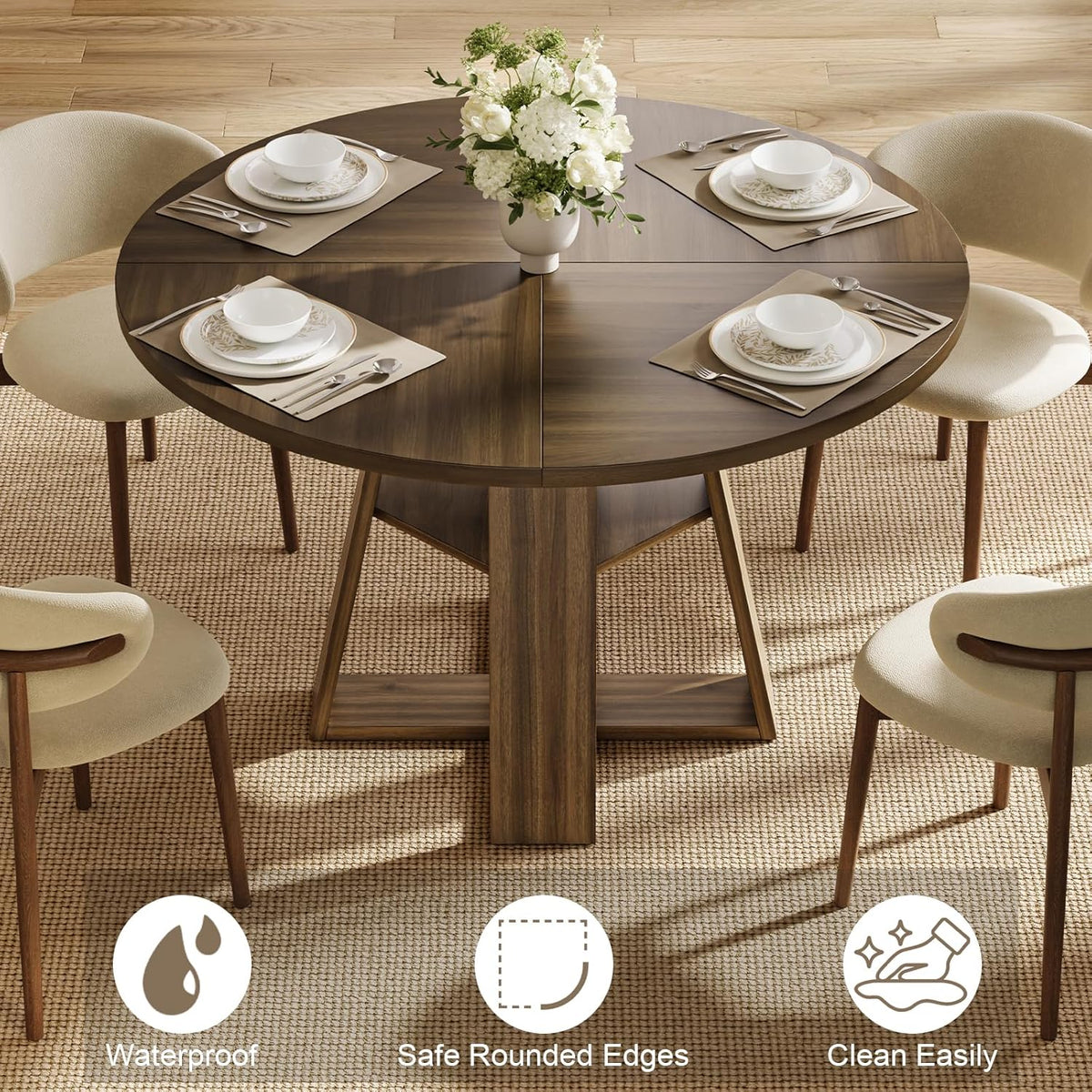 47.2" Round Dining Table for 4-6, Circle Kitchen Table with Open Storage Shelf, Farmhouse Dinner Table with Cross Pedestal Base for Dining Room, Kitchen, Living Room, Walnut