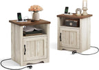 LINSY Farmhouse Night Stand Set of 2, 18.9” Wood End Table with Charging Station, Side Table for Bedroom, Living Room, Couch with USB Ports and Outlets, Nightstand with Storage, Beige