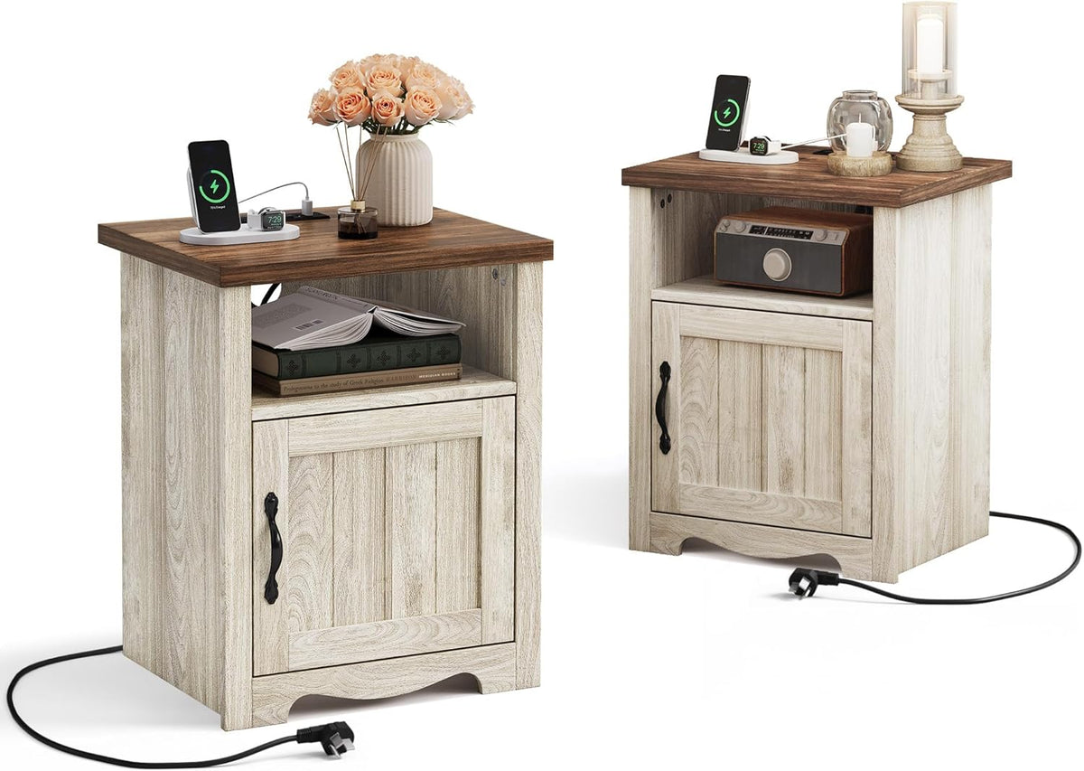 LINSY Farmhouse Night Stand Set of 2, 18.9” Wood End Table with Charging Station, Side Table for Bedroom, Living Room, Couch with USB Ports and Outlets, Nightstand with Storage, Beige