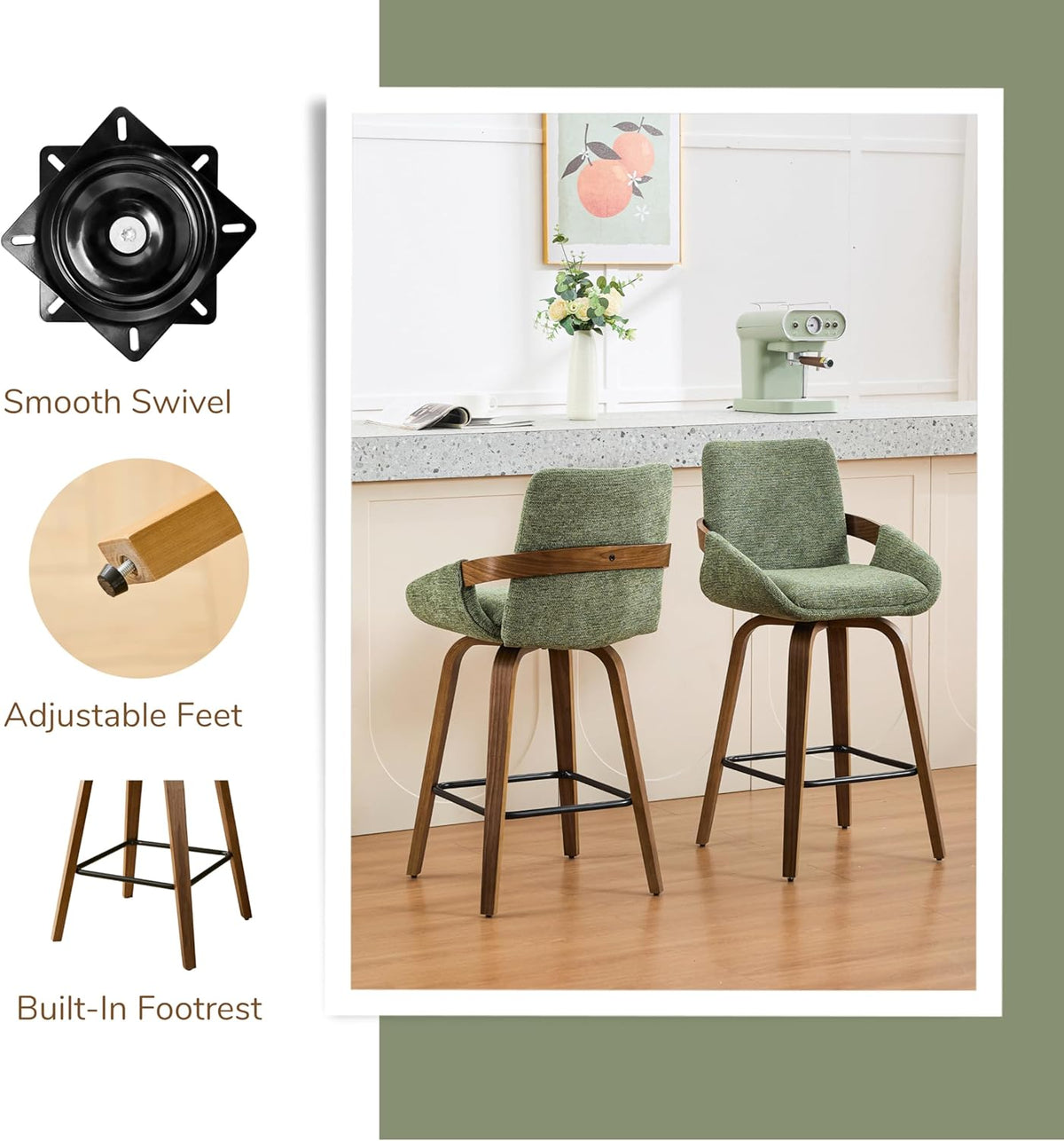 26" Swivel Counter Height Bar Stools Set of 3, Moss Green | Walnut Bentwood Back, Linen-Texture Fabric, Mid-Century Modern Style, 360° Swivel, 350 LBS Weight Capacity