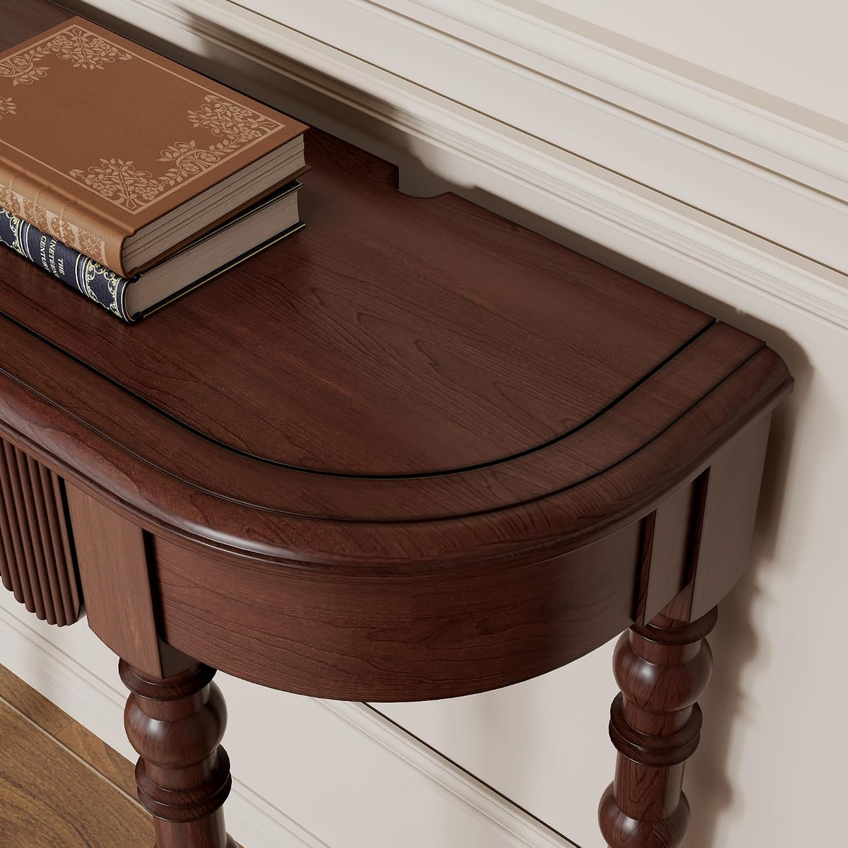 Solid Wood Console Table with Drawer – Dark Walnut Entryway Table with Scalloped Edge and Straight Legs, Narrow Accent Sofa Table for Living Room or Hallway(Dark Walnut)