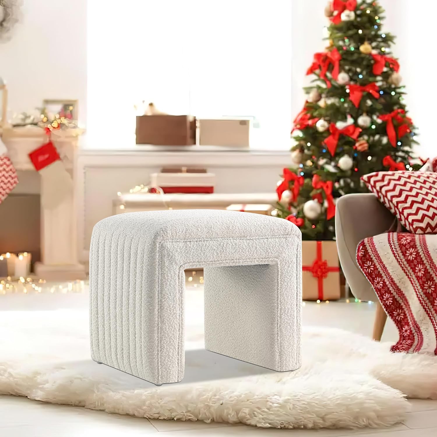 Get Set Style Vanity Stool Chair, Fully Assembled Modern Boucle Ottoman Footstool with Wooden Legs, Multifunctional Upholstered Sofa Bench Extra Seat for Makeup Room Living Room Entryway Office, White