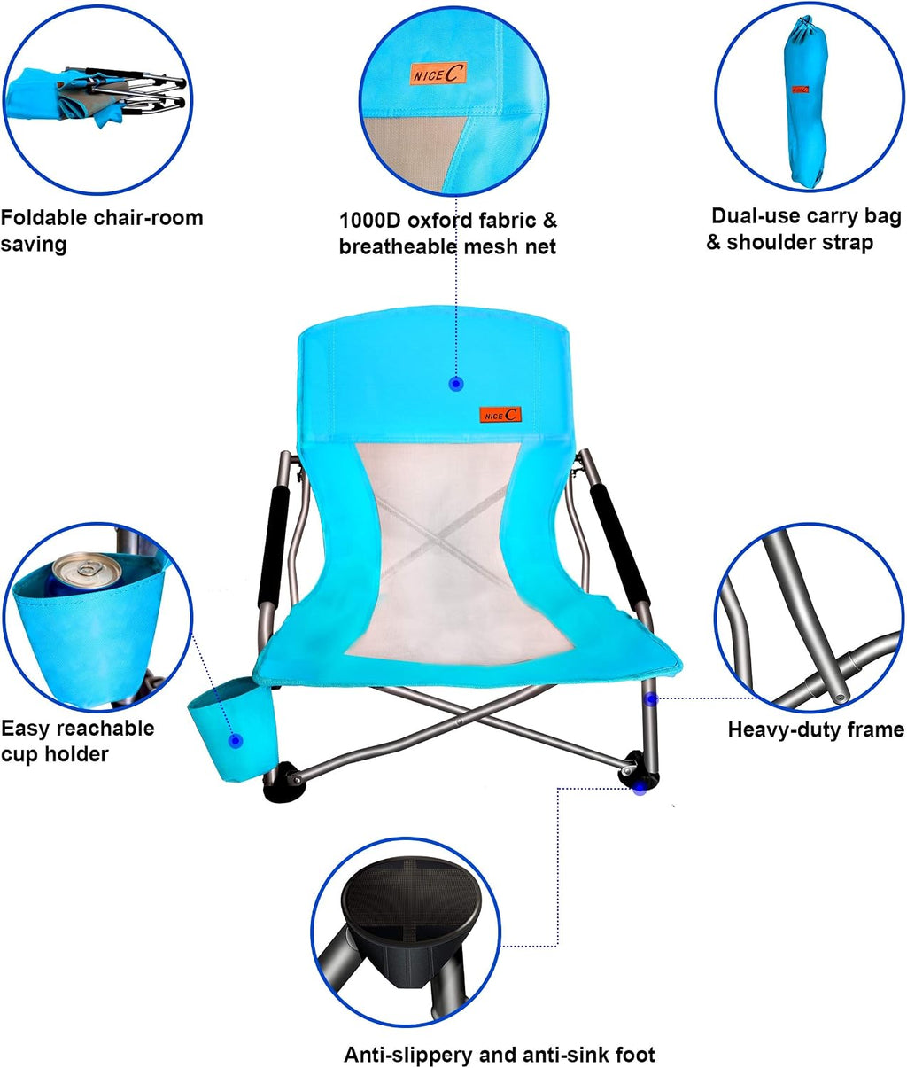 Nice C Low Beach Camping Folding Chair, River Sand Lake Chair (2 Pack Blue) | Compact Backpacking Chair, Sillas De Playa, Cup Holder, Carry Bag, Heavy Duty, Outdoor, BBQ, Travel, Picnic, Festival