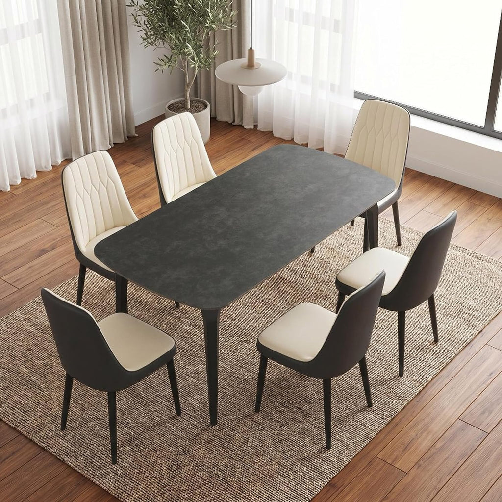 Modern Dining Table Set for 6,63 inch Sintered Stone Kitchen Table and Chairs,Rectangular Dining Table Set of 6 with PU Leather Chair,7 Piece Dining Room Table Set for Kitchen, Office, Apartment