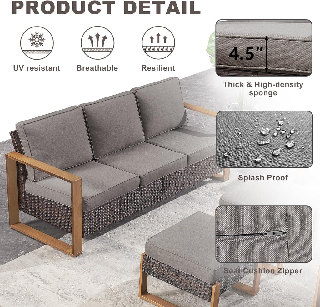 Rilyson Outdoor Couch Wicker Patio Sofa, Rattan Patio Furniture Sofa with Sturdy Frame,All-Weather PE Wicker,Wide Armrest,Deep Seating and Thick Cushions for Deck Porch Garden(Brown/Grey)