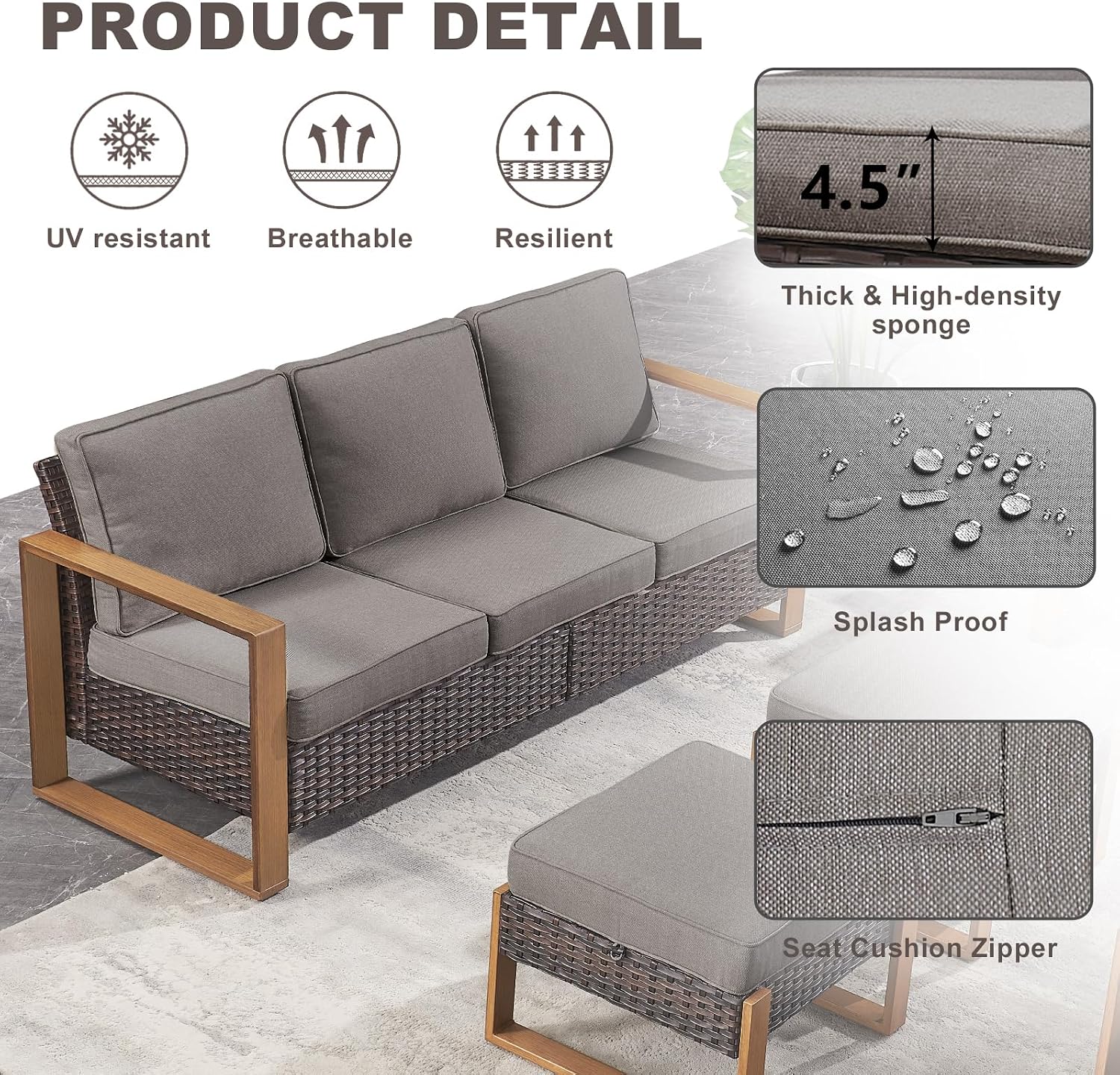 Rilyson Outdoor Couch Wicker Patio Sofa, Rattan Patio Furniture Sofa with Sturdy Frame,All-Weather PE Wicker,Wide Armrest,Deep Seating and Thick Cushions for Deck Porch Garden(Brown/Grey)