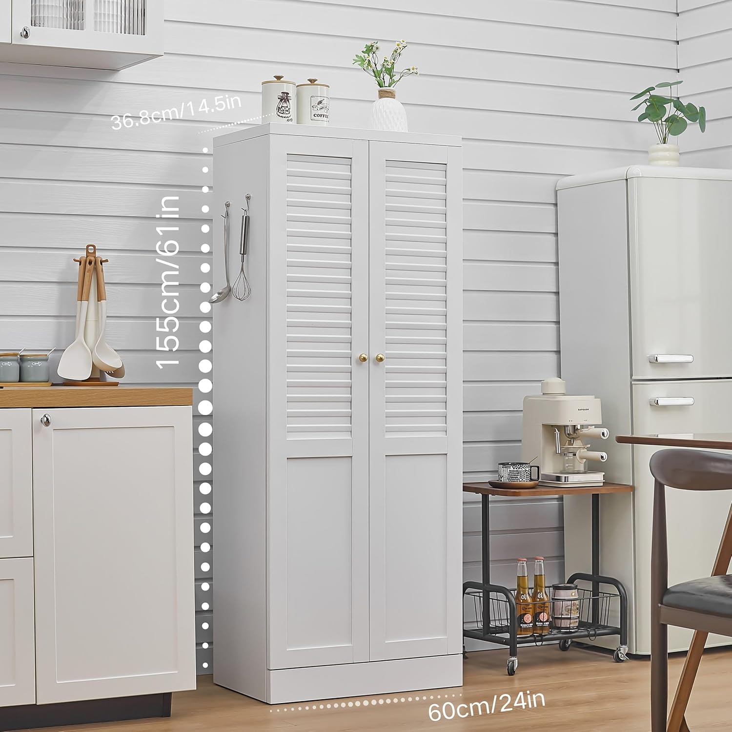 Metal Pantry Cabinet, Freestanding Kitchen Storage Cabinet with Doors and 4 Adjustable Shelves, Narrow Tall Food Pantry for Dining Room, Laundry Room,61-Inch White