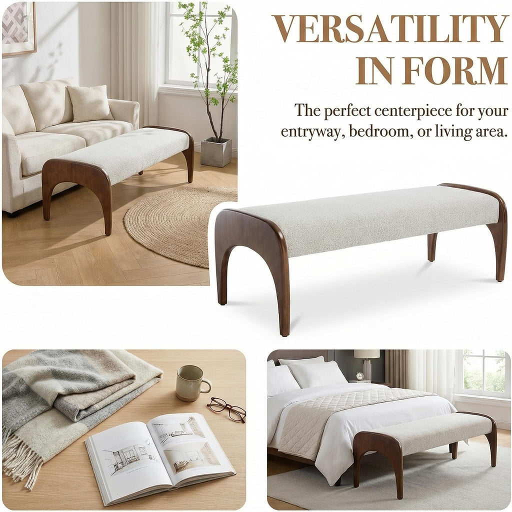 LukeAlon 51-Inch Extra Long Upholstered Bench with Cute Solid Walnut Rubber Wood Legs, Minimalist Bed End Bench for Bedroom, Living Room, Dining Table, Entryway Hallway Seat, Fur Fabric in Beige