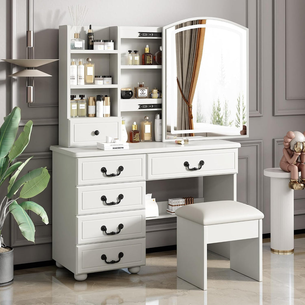 Vanity Desk Set with Lighted Mirror and Upholstered Stool, Vanity Table with Sliding Mirror LED Lighted - 3 Color Models, Makeup Desk with 6 Drawers & 5 Shelves & Stool, Makeup Table for Bedroom Apt