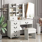 Vanity Desk Set with Lighted Mirror and Upholstered Stool, Vanity Table with Sliding Mirror LED Lighted - 3 Color Models, Makeup Desk with 6 Drawers & 5 Shelves & Stool, Makeup Table for Bedroom Apt